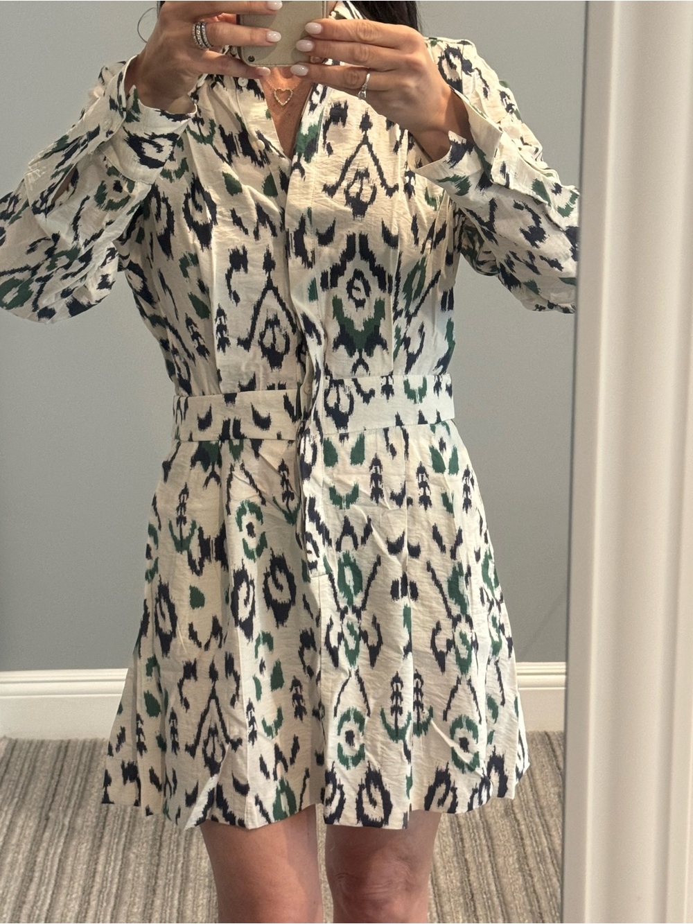 Zara Cream Shirt Dress with Black & Green Ikat Print